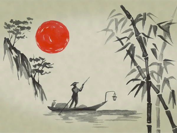 Japan traditionele sumi-e schilderij. Aquarel en inkt illustratie in stijl sumi-e, u-sin. De berg Fuji, sakura, zonsondergang. Japan zon. Indische inkt illustratie. Japanse foto. — Stockfoto