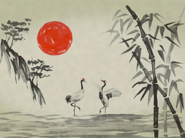Japan traditional sumi-e painting. Watercolor and ink illustration in style sumi-e, u-sin. Fuji mountain, sakura, sunset. Japan sun. Indian ink illustration. Japanese picture.