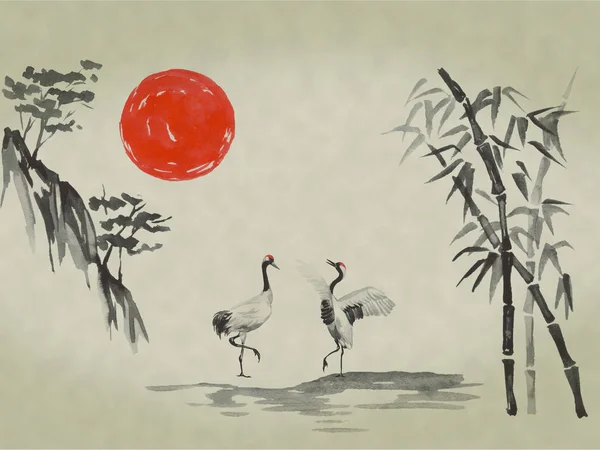 Japan traditional sumi-e painting. Watercolor and ink illustration in style sumi-e, u-sin. Fuji mountain, sakura, sunset. Japan sun. Indian ink illustration. Japanese picture.