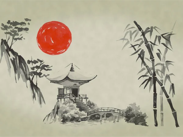 Japan traditional sumi-e painting. Watercolor and ink illustration in style sumi-e, u-sin. Fuji mountain, sakura, sunset. Japan sun. Indian ink illustration. Japanese picture.