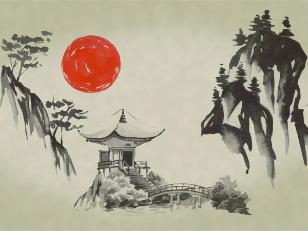 Japan traditional sumi-e painting. Watercolor and ink illustration in style sumi-e, u-sin. Fuji mountain, sakura, sunset. Japan sun. Indian ink illustration. Japanese picture.