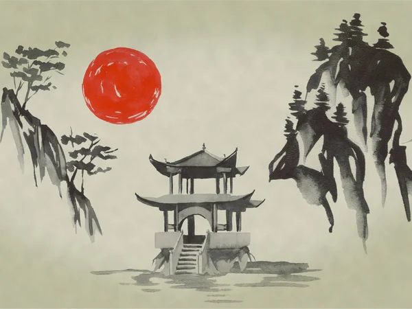 Japan traditional sumi-e painting. Watercolor and ink illustration in style sumi-e, u-sin. Fuji mountain, sakura, sunset. Japan sun. Indian ink illustration. Japanese picture.