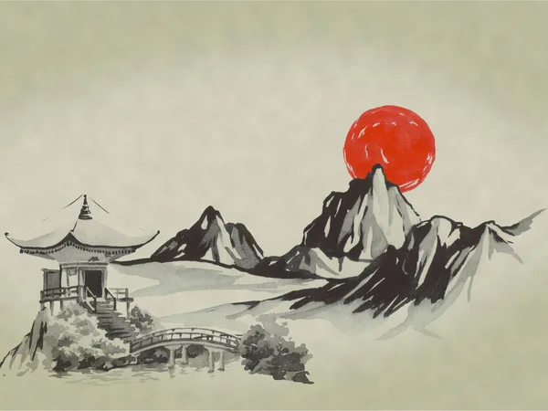 Japón tradicional sumi-e pintura. Acuarela e ilustración de tinta en estilo sumi-e, u-sin. Montaña Fuji, sakura, puesta de sol. Japón sol. Ilustración de tinta india. Imagen japonesa . —  Fotos de Stock