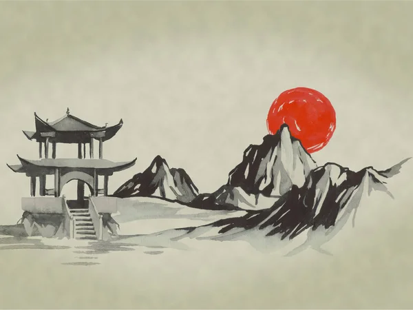 Японская традиционная суми-э живопись. Акварель и чернила в стиле суми-э, у-син. Фудзи гора, сакура, закат. Солнце Японии. Индийская иллюстрация чернил. Фотография Японии . — стоковое фото