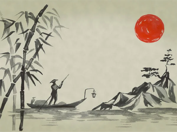 Japón tradicional sumi-e pintura. Acuarela e ilustración de tinta en estilo sumi-e, u-sin. Montaña Fuji, sakura, puesta de sol. Japón sol. Ilustración de tinta india. Imagen japonesa . —  Fotos de Stock