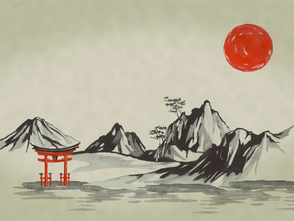 Japan traditionella sumi-e målning. Akvarell och tusch illustration i stil sumi-e, u-synden. Fuji berget, sakura, solnedgång. Japan solen. Indian ink illustration. Japanska bild. — Stockfoto