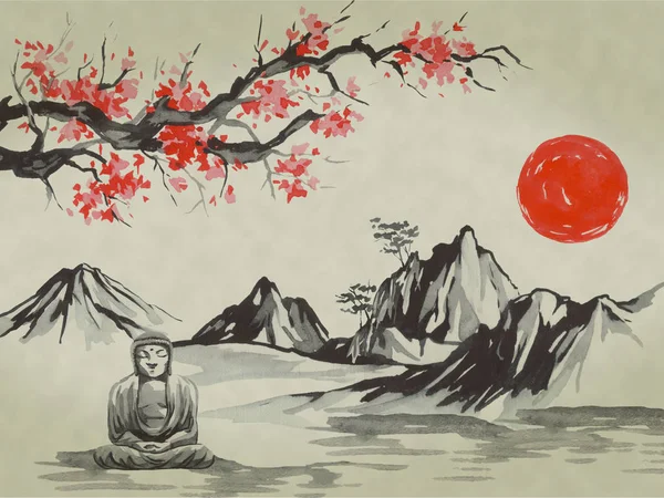 Japon peinture sumi-e traditionnelle. Aquarelle et illustration à l'encre dans le style sumi-e, u-sin. Montagne Fuji, sakura, coucher de soleil. Japon soleil. Illustration encre de Chine. Photo japonaise . — Photo