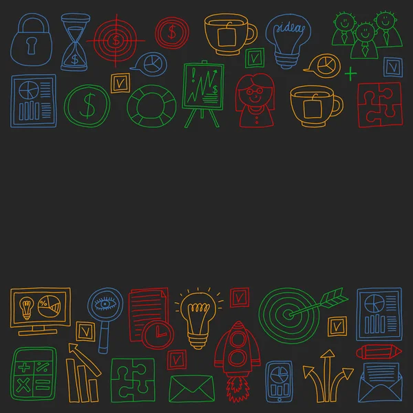 Conjunto vectorial de iconos de bussines en estilo doodle. Imágenes coloridas en un pedazo de papel sobre fondo oscuro . — Archivo Imágenes Vectoriales