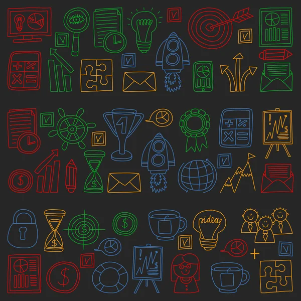 Conjunto vectorial de iconos de bussines en estilo doodle. Imágenes coloridas en un pedazo de papel sobre fondo oscuro . — Archivo Imágenes Vectoriales