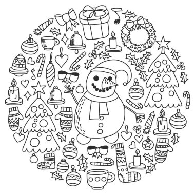 Noel, tatil, kış, vektör çizim. Yeni yıl desen, çocuk çizimleri bir öğretmen ile çerçeve.