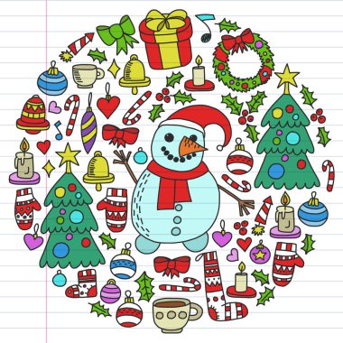 Vektör Noel ayarla, stil tatil simgeleri doodle. Beyaz arka plan üzerinde doğrusal bir kağıda boyanmış, renkli, resimleri.