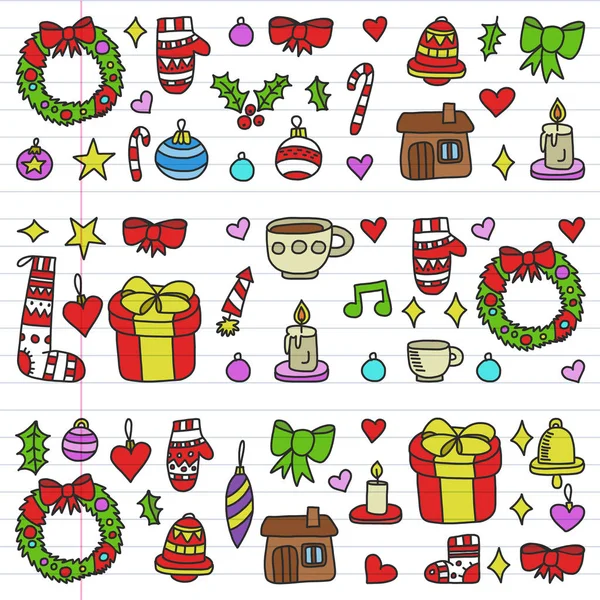 Vector set of Christmas, holiday icons in doodle style. Painted, colorful, pictures on a piece of linear paper on white background. — Stock Vector