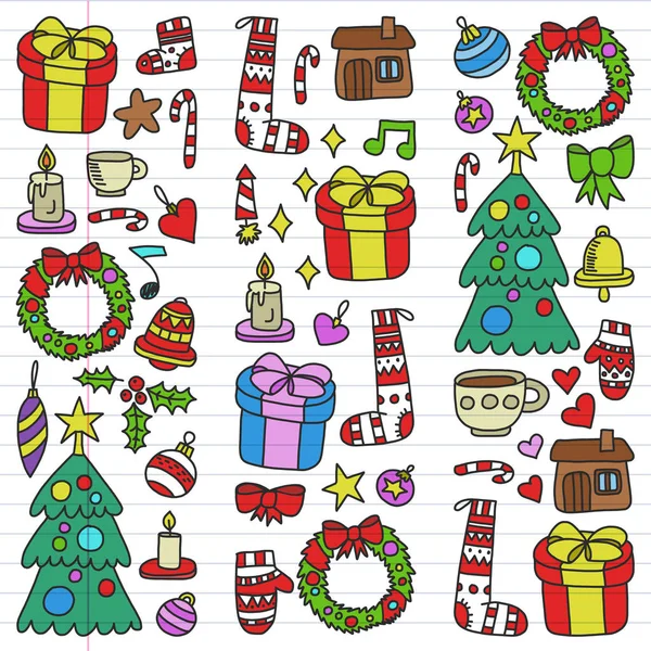 Vector set of Christmas, holiday icons in doodle style. Painted, colorful, pictures on a piece of linear paper on white background. — Stock Vector