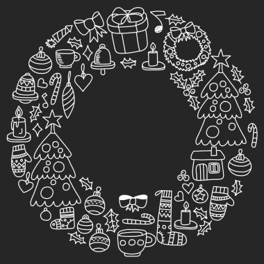 Vektör Noel ayarla, stil tatil simgeleri doodle. Boyalı, siyah siyah-beyaz tebeşir resimler bir kara tahta üzerinde.
