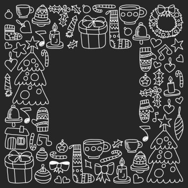 Vektör Noel ayarla, stil tatil simgeleri doodle. Boyalı, siyah siyah-beyaz tebeşir resimler bir kara tahta üzerinde.