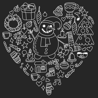 Vektör Noel ayarla, stil tatil simgeleri doodle. Boyalı, siyah siyah-beyaz tebeşir resimler bir kara tahta üzerinde.