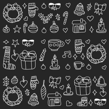 Vektör Noel ayarla, stil tatil simgeleri doodle. Boyalı, siyah siyah-beyaz tebeşir resimler bir kara tahta üzerinde.