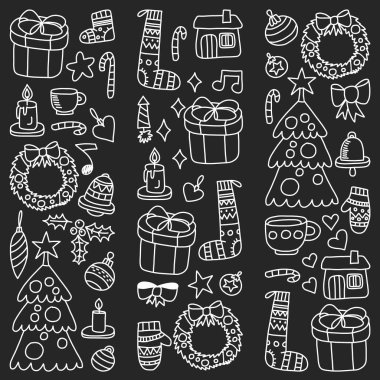 Vektör Noel ayarla, stil tatil simgeleri doodle. Boyalı, siyah siyah-beyaz tebeşir resimler bir kara tahta üzerinde.