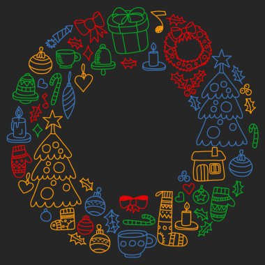 Vektör Noel ayarla, stil tatil simgeleri doodle. Kağıda yazı tahtası üzerinde boyalı, renkli, Resimler.