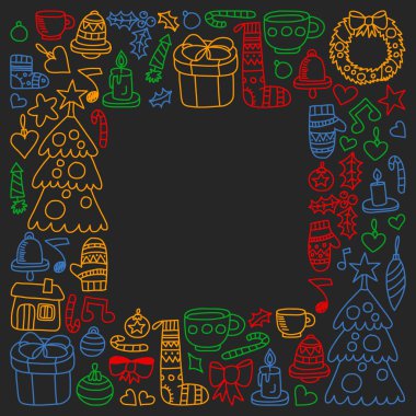 Vektör Noel ayarla, stil tatil simgeleri doodle. Kağıda yazı tahtası üzerinde boyalı, renkli, Resimler.