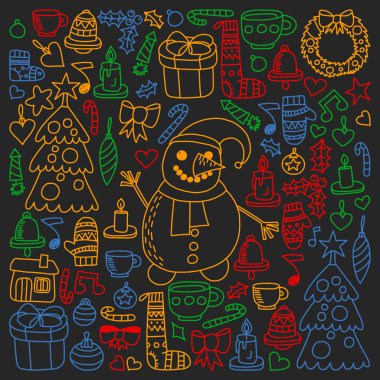 Vektör Noel ayarla, stil tatil simgeleri doodle. Kağıda yazı tahtası üzerinde boyalı, renkli, Resimler.