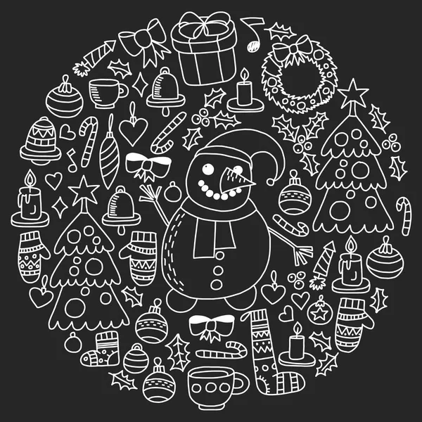 Vektör Noel ayarla, stil tatil simgeleri doodle. Boyalı, siyah siyah-beyaz tebeşir resimler bir kara tahta üzerinde.