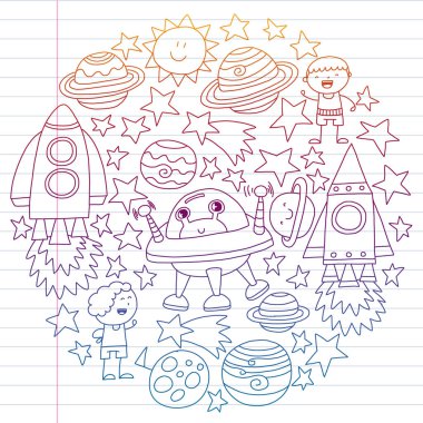 Vektör set alanı simgeler doodle tarzı çocuklar. Boyalı, renkli, beyaz arka plan üzerinde lineer kağıt parçası üzerinde gradyan.