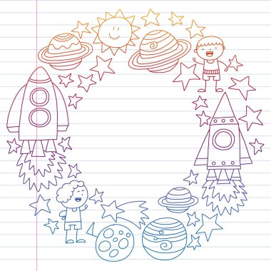 Vektör set alanı simgeler doodle tarzı çocuklar. Boyalı, renkli, beyaz arka plan üzerinde lineer kağıt parçası üzerinde gradyan.