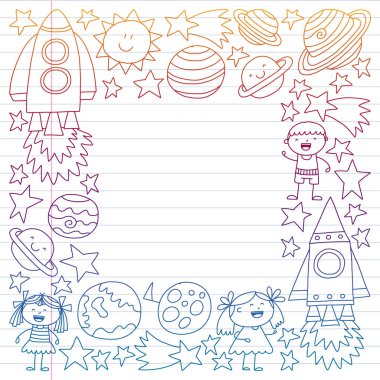 Vektör set alanı simgeler doodle tarzı çocuklar. Boyalı, renkli, beyaz arka plan üzerinde lineer kağıt parçası üzerinde gradyan