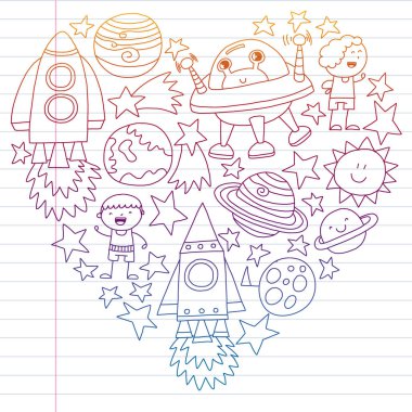 Vektör set alanı simgeler doodle tarzı çocuklar. Boyalı, renkli, beyaz arka plan üzerinde lineer kağıt parçası üzerinde gradyan.