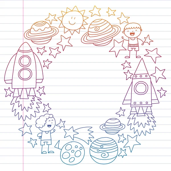 Vektör set alanı simgeler doodle tarzı çocuklar. Boyalı, renkli, beyaz arka plan üzerinde lineer kağıt parçası üzerinde gradyan.