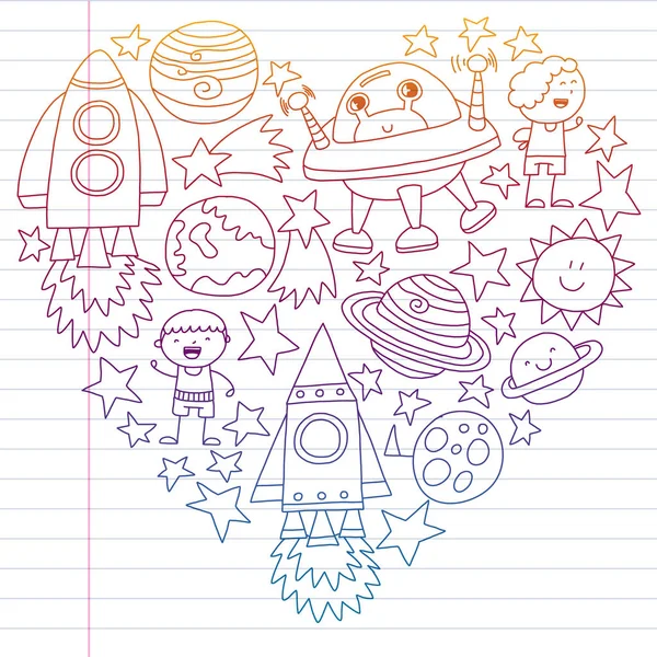 Vektör set alanı simgeler doodle tarzı çocuklar. Boyalı, renkli, beyaz arka plan üzerinde lineer kağıt parçası üzerinde gradyan.