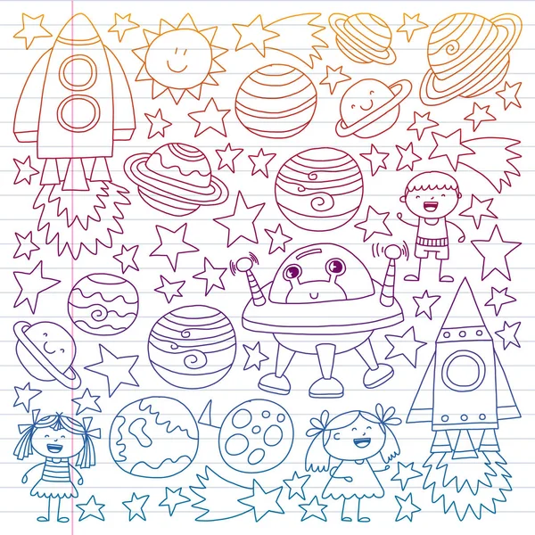 Vektör set alanı simgeler doodle tarzı çocuklar. Boyalı, renkli, beyaz arka plan üzerinde lineer kağıt parçası üzerinde gradyan.