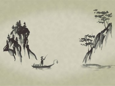 Japonya geleneksel sumi-e boyama. Suluboya ve mürekkep çizim stili sumi-e, u-sin. Fuji Dağı, sakura, günbatımı. Japonya güneş. Hint mürekkebi çizimde. Japon resim.