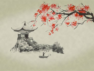 Japonya geleneksel sumi-e boyama. Suluboya ve mürekkep çizim stili sumi-e, u-sin. Fuji Dağı, sakura, günbatımı. Japonya güneş. Hint mürekkebi çizimde. Japon resim.