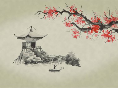 Japonya geleneksel sumi-e boyama. Suluboya ve mürekkep çizim stili sumi-e, u-sin. Fuji Dağı, sakura, günbatımı. Japonya güneş. Hint mürekkebi çizimde. Japon resim.