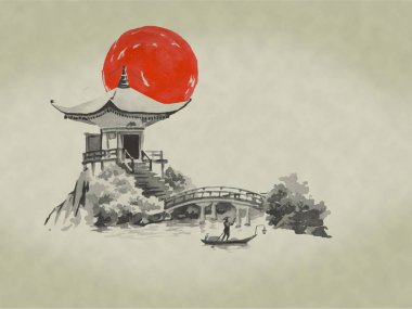 Japonya geleneksel sumi-e boyama. Suluboya ve mürekkep çizim stili sumi-e, u-sin. Fuji Dağı, sakura, günbatımı. Japonya güneş. Hint mürekkebi çizimde. Japon resim.