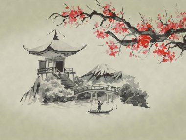 Japonya geleneksel sumi-e boyama. Suluboya ve mürekkep çizim stili sumi-e, u-sin. Fuji Dağı, sakura, günbatımı. Japonya güneş. Hint mürekkebi çizimde. Japon resim.