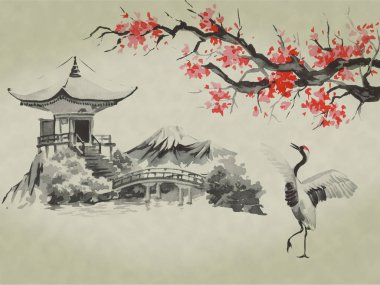 Japonya geleneksel sumi-e boyama. Suluboya ve mürekkep çizim stili sumi-e, u-sin. Fuji Dağı, sakura, günbatımı. Japonya güneş. Hint mürekkebi çizimde. Japon resim.