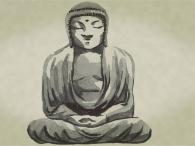 Japonya geleneksel sumi-e boyama. Suluboya ve mürekkep çizim stili sumi-e, u-sin. Fuji Dağı, sakura, günbatımı. Japonya güneş. Hint mürekkebi çizimde. Japon resim.