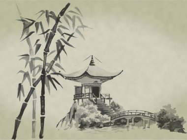 Japonya geleneksel sumi-e boyama. Suluboya ve mürekkep çizim stili sumi-e, u-sin. Fuji Dağı, sakura, günbatımı. Japonya güneş. Hint mürekkebi çizimde. Japon resim.