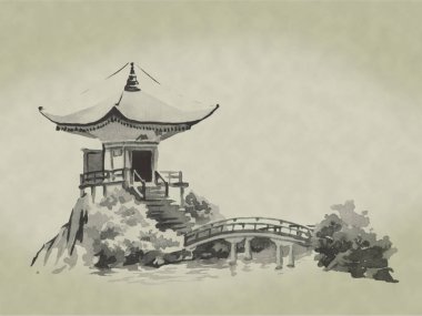 Japonya geleneksel sumi-e boyama. Suluboya ve mürekkep çizim stili sumi-e, u-sin. Fuji Dağı, sakura, günbatımı. Japonya güneş. Hint mürekkebi çizimde. Japon resim.