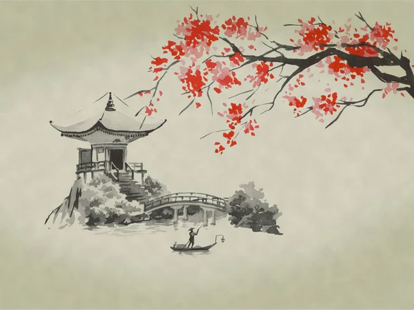 Japonia tradycyjnych sumi-e malarstwo. Ilustracja akwareli i tuszu w stylu sumi-e, u grzech. Góra Fuji, sakura, zachód słońca. Słońce w Japonii. Rysunek tuszem. Japoński obraz. — Zdjęcie stockowe