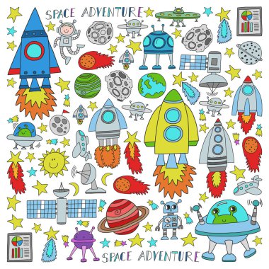 Doodle tarzı alanı öğeleri simgelerin vektör kümesi. Kağıda beyaz zemin üzerine boyalı, renkli, Resimler.