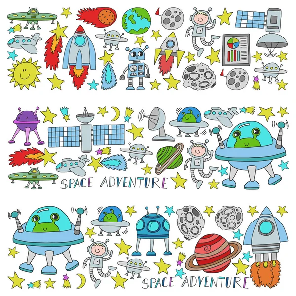 Vector set of space elements icons in doodle style. Painted, colorful, pictures on a piece of paper on white background. — Stock Vector