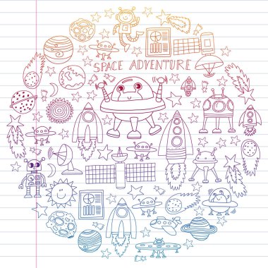 Doodle tarzı alanı öğeleri simgelerin vektör kümesi. Boyalı, renkli, beyaz arka plan üzerinde lineer kağıt parçası üzerinde gradyan.