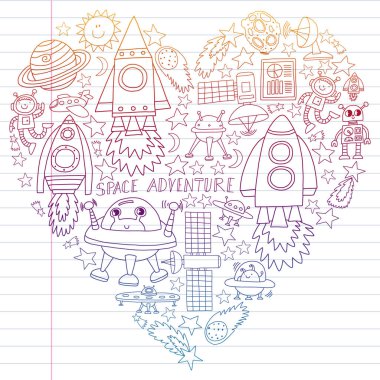 Doodle tarzı alanı öğeleri simgelerin vektör kümesi. Boyalı, renkli, beyaz arka plan üzerinde lineer kağıt parçası üzerinde gradyan.