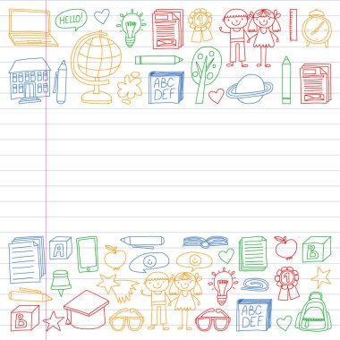 Vektör doodle tarzı ortaokul simgeler kümesi. Beyaz arka plan üzerinde doğrusal bir kağıda boyanmış, renkli, resimleri.