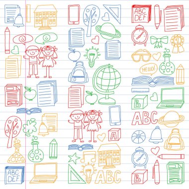 Vektör doodle tarzı ortaokul simgeler kümesi. Beyaz arka plan üzerinde doğrusal bir kağıda boyanmış, renkli, resimleri.