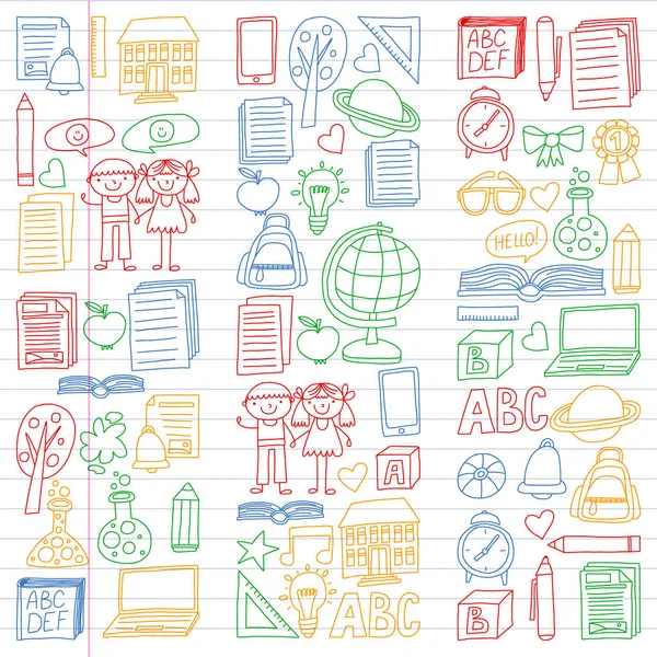 Διάνυσμα σύνολο εικονιδίων δευτεροβάθμιας εκπαίδευσης με doodle στυλ. Εικόνες ζωγραφισμένα, πολύχρωμα, σε ένα κομμάτι χαρτί γραμμική σε λευκό φόντο. — Διανυσματικό Αρχείο